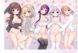 5girls :d absurdres animal_hood ass_visible_through_thighs black_legwear blonde_hair blue_eyes blue_hair blush breasts breasts_out brown_eyes brown_hair collarbone fur_trim futaba_miwa gochuumon_wa_usagi_desu_ka? green_eyes green_panties hair_ornament highres holding_hands hood hoodie hoto_cocoa hug huge_filesize interlocked_fingers kafuu_chino kirima_sharo large_breasts long_hair looking_at_viewer medium_breasts multiple_girls naked_hoodie navel nipples no_bra no_pants open_clothes open_hoodie open_mouth panties purple_eyes purple_hair scan short_hair side-tie_panties silver_hair small_breasts smile star tedeza_rize thighhighs ujimatsu_chiya underwear