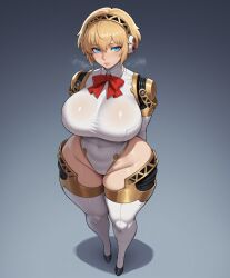 2025 ai_generated aigis_(persona) android armor arms_behind_back belly belly_button big_breasts blonde_hair blue_eyes blush breasts female female_focus female_only headgear hi_res huge_breasts leotard light-skinned_female light_skin lips looking_away narrow_waist persona persona_3 short_hair smogai solo solo_female solo_focus standing thick thick_hips thick_legs thick_thighs thighhighs thighs voluptuous voluptuous_body voluptuous_female wide_hips
