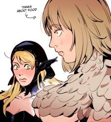 2girls big_breasts blonde_hair cleavage delicious_in_dungeon dungeon_meshi elf elf_female falin_touden feathers female female_only flustered girl_staring_at_guy's_chest gmamka marcille_donato meme yuri