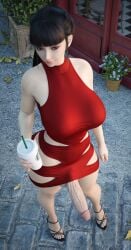 3d 3d_(artwork) asian asian_female black_body eve_(stellar_blade) female female_only futa_only futanari high_heels huge_breasts huge_cock massive_penis penis perfect_body red_dress stevencarson tight_clothing