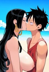 1boy ai-assisted beach big_breasts black_hair boa_hancock couple earrings female kissing large_breasts long_hair lovers male misterioai monkey_d_luffy nipples nude nude_female one_piece