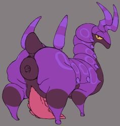 2020 absurd_res all_fours anus ass big_anus big_butt feral generation_5_pokemon genitals hi_res horn huge_butt looking_back male nintendo penis pokemon pokemon_(species) puffy_anus purple_body purple_skin scolipede simple_background solo tail tapering_penis taro_(taro) xxthegreyfoxxx yellow_eyes