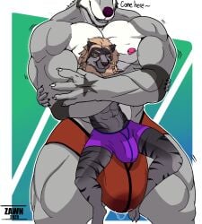 anthro bodily_fluids bulge canid canine canis crush dripping duo felid fur genital_fluids hug hybrid lion male male/male mammal muscle_tone pantherine precum precum_drip size_difference smile star striped_body striped_fur stripes wolfdog zawn