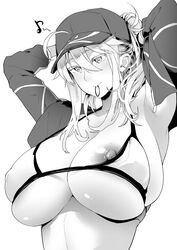 ahoge armpits arms_behind_head arms_up artoria_pendragon bangs baseball_cap bikini blush breasts cleavage closed_mouth collarbone cropped_jacket fate/grand_order fate_(series) female greyscale hair_between_eyes hair_through_headwear hat large_breasts long_hair long_sleeves looking_at_viewer monochrome mouth_hold mysterious_heroine_xx_(foreigner) nipple_slip nipples open_clothes ponytail shrug_(clothing) sidelocks simple_background smile soba_(saz) solo swimsuit tying_hair white_background zipper_pull_tab