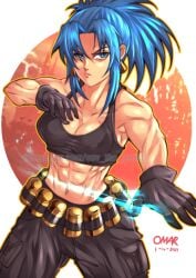 1girls abs belt biceps big_breasts blue_eyes blue_hair breasts buff earrings female fit fit_female gloves king_of_fighters leona_heidern light-skinned_female light_skin long_hair military military_uniform muscles muscular muscular_female ponytail standing strong strong_woman tank_top tied_hair toned toned_body toned_female toned_stomach