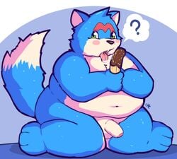 2019 anthro balls belly blue_fur blush canid canine canis domestic_dog drooling fur green_eyes hi_res humanoid_hands humanoid_penis kusosensei male male_only mammal navel overweight overweight_male penis saliva solo sweat tongue tongue_out