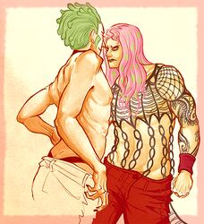 2boys cioccolata diavolo gay green_hair jojo's_bizarre_adventure male_only pink_hair ren(artist) shirtless stripping tagme tattoo tattoos thong undressing vento_aureo