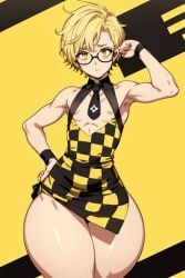 ai_generated big_thighs checkered femboy feminine_male flat_chest perchance_ai thick_thighs twink yellow yellow_eyes yellow_hair