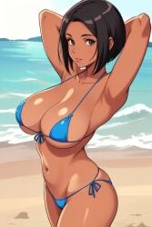 1girls ai_generated arms_behind_head ass beach bikini black_hair blue_bikini blue_clothing bob_cut breasts brown_eyes curvy curvy_hips dark-skinned_female female female_only large_ass large_breasts looking_at_viewer sand short_hair sky solo solo_female standing tanned_skin water