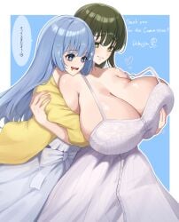 2d 2d_(artwork) 2girls big_breasts blush breast_grab breasts breasts_bigger_than_head cleavage date_a_live dress enormous_breasts green_eyes grey_eyes grey_hair izayoi_miku japanese_text light-skinned_female long_hair looking_at_breasts text variant_set yuri