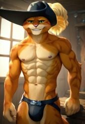 abs ai_generated anthro anthro_male barn biceps blush dreamworks feline furry gay green_eyes hat jockstrap jockstrap_only looking_at_viewer male male_only muscular muscular_male nipples orange_fur pecs puss puss_in_boots_(dreamworks) smile toned_body toned_male twall97