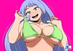 big_breasts blue_eyes blue_hair boku_no_hero_academia female female_focus female_human female_only green_bra happy long_hair my_hero_academia nejire_hado solo_female tsuranukko