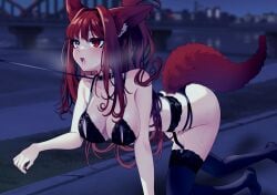 1girls animal_ears black_bra black_panties blush booty bra breasts daiya_fortuna female female_only garter_belt garter_straps grey_eye heterochromia huge_breasts leash leash_pull light-skinned_female light_skin mintxnao night open_mouth outdoors panties pixellink red_eye red_hair solo tail thighhighs virtual_youtuber wolf_ears wolf_tail