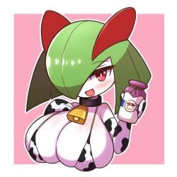 1girls big_breasts blush breasts cow_print cow_print_bikini cowbell creatures_(company) eyebrows eyelashes eyes female female_only game_freak generation_3_pokemon heart kirlia milk_bottle nintendo pokémon_(species) pokemon pokemon_(species) pokemon_rse sigruku