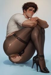 ai_generated anus anus_juice anus_peek arms_crossed ass asshole big_ass big_butt black_heels blush boy brown_hair bubble_ass bubble_butt expression hazel_eyes heels leg_strap looking_at_viewer male pantyhose plump_ass round_ass round_butt strappy_heels straps t-shirt tallcallipygian tcallipygian thick_thighs thighs wet_anus wet_ass white_shirt worried