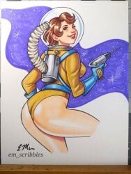 ass astronaut astronauts big_ass big_butt big_thighs breasts breasts_from_behind brown_hair butt_crack cute em_scribbles gun leotard lips lipstick raygun retro retro_artstyle sci-fi science_fiction short_hair space space_background space_helmet spacesuit stars thick_ass thick_thighs thighs traditional_art traditional_media traditional_media_(artwork)