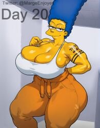 1girls 20th_century_fox 20th_century_studios ai_generated big_ass big_breasts huge_ass huge_breasts marge_simpson margeenjoyer milf prison prison_clothes prison_uniform prisoner self_upload solo tattoo tattoos the_simpsons thick_thighs yellow_skin