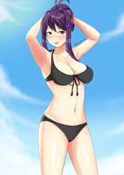 1girls armpits bangs bikini black_bikini blush breasts cleavage clothed clouds cowboy_shot doki_doki_literature_club eyelashes female female_only front_view hair_intakes hands_behind_head human large_breasts navel outdoors pink_eyes posing purple_hair shiny_skin signature solo tongue tongue_out yuri_(doki_doki_literature_club) zedxxx