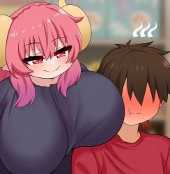 1boy 1girl big_breasts black_shirt blush breasts breasts_against_head breasts_bigger_than_head eyeless_male fang female huge_breasts ilulu_(dragon_maid) kobayashi-san_chi_no_maidragon pink_hair red_eyes smug_face smug_grin taketo_(dragon_maid) the_only_shoe