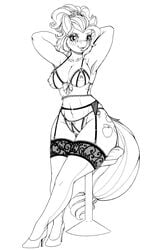 2019 absurd_res anthro anthrofied applejack_(mlp) applejewel areola black_and_white breasts clothing crotchless_panties equid equine female freckles friendship_is_magic hi_res horse legwear lingerie longinius mammal monochrome my_little_pony nipples panties pony pose pussy solo standing stockings straight_hair thick_thighs underwear