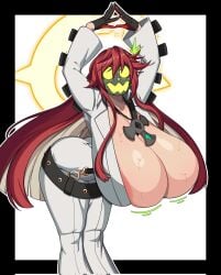 1girls big_breasts blush blushing guilty_gear guilty_gear_strive huge_breasts jack-o'_valentine masked_female red_hair strongmoist sweat sweatdrop sweaty_breasts tagme