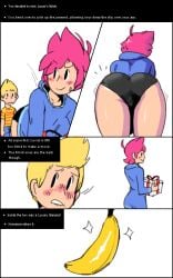 age_difference bending_over blonde_hair blush comic embarrassed hoodie huge_ass kumatora lucas mother_(series) mother_3 naughty_face nintendo noill pink_hair seducing seductive short_hair shorts showing_ass showing_off teasing temptation