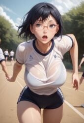 1girls 2d ai_generated big_ass big_breasts black_hair black_shorts bra bra_visible_through_clothes buruma female female field glasses gym_clothes gym_uniform haikyuu!! hourglass_figure large_ass large_breasts light-skinned_female light_skin looking_away open_mouth outdoors panting running santopati see-through self_upload shimizu_kiyoko short_hair shorts solo sweat sweatdrop thighs voluptuous white_shirt