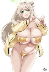 1girls abydos_high_school_student big_breasts bikini blonde_hair blue_archive breasts busty cleavage clothing female female_only foreclosure_task_force_(blue_archive) gold_bikini green_eyes halo heart_gesture huge_breasts ibara_azuki_(azk_ibr2nd) jacket light-skinned_female light_skin long_hair looking_at_viewer navel nonomi_(blue_archive) off_shoulder skindentation solo swimsuit tied_hair yellow_jacket