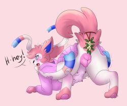 absurd_res animal_genitalia animal_vulva blue_eyes blush bottomless canid canine canine_genitalia canine_vulva clothed clothing clothing_pull covering covering_self dialogue eeveelution embarrassed emma_(budzisfun) english_text female feral fluffy fluffy_tail fur generation_6_pokemon genitals hi_res hoodie hoodie_only leaning leaning_forward mammal mistletoe mistletoe_on_tail nintendo panicked_look panicking pawpads pink_body pink_fur pink_pawpads pink_vulva pitch-black-crow plant pokemon pokemon_(species) presenting presenting_vulva ribbons_(anatomy) scar solo stuttering sylveon tail teats text topwear topwear_only vulva white_body white_fur