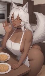 ai-generated ai_generated animal_ears apron ass black_choker choker dark-skinned_female dark_skin fellatio_gesture highres kitchen naked_apron non-web_source original tail white_hair wolf_ears wolf_tail yellow_eyes