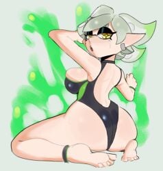 1girls ass barefoot big_ass breasts feet female highres inkling inkling_girl justdavefnd large_breasts marie_(splatoon) mole mole_under_eye nintendo one-piece_swimsuit splatoon splatoon_(series) splatoon_1 swimsuit tagme tentacle_hair white_hair