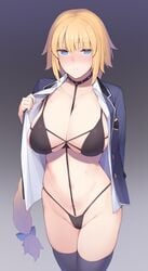 1girls big_breasts blonde_hair blue_eyes blush bra breasts cleavage enosan fate/grand_order fate_(series) female female_only jeanne_d'arc_(fate) large_breasts looking_at_viewer panties solo thighhighs