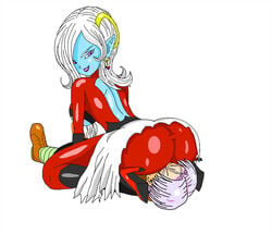 1boy 1girls blue_skin demon demon_girl dragon_ball dragon_ball_xenoverse dragon_ball_z earrings evil_grin evil_smile facesitting future_trunks grinning grinning_at_another heels helpless_male looking_back male potara_earrings purple_hair red_outfit saiyan sitting_on_another sitting_on_face sitting_on_person skin_tight skyfall1999 smirking towa trunks_briefs white_hair white_skirt