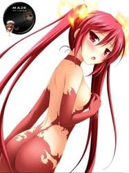 big_ass big_butt breasts_exposed breasts_out bubble_ass bubble_butt cthugha_(nyaruko-san) female female_only fire_hair_ornament haiyore!_nyaruko-san magic medium_breasts nipples red_body red_bodysuit red_eyes red_hair slightly_explicit solo tagme tight_ass tight_clothes torn_clothes torn_clothing white_background