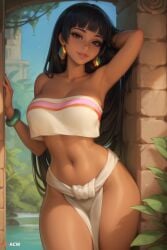 acw ai_generated armpits bare_shoulders bare_thighs black_hair brown_eyes chel chel_(the_road_to_el_dorado) clothed dark-skinned_female dark_skin earrings female loincloth long_hair looking_at_viewer midriff smile tubetop