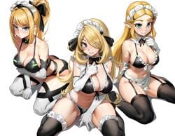 3girls apron bikini blonde_hair bow_tie breasts breath_of_the_wild cleavage collarbone crossover cynthia_(pokemon) elf_ears expressionless female_only femsub garter_straps gloves hair_covering_one_eye kneeling large_breasts laz_gm long_hair looking_at_viewer maid maid_headdress metroid mole multiple_girls multiple_subs navel nintendo opera_gloves pokemon pokemon_dppt ponytail princess_zelda ribbon samus_aran simple_background smile tagme the_legend_of_zelda thighhighs very_long_hair white_background