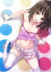 bare_arms bare_belly bare_shoulders belly_button blush breasts brown_eyes brown_hair camisole cleavage collarbone feet matsuryuu medium_breasts medium_hair monogatari_(series) navel_cutout no_bra open_mouth sengoku_nadeko skirt smile strap_slip sweat sweaty_body thighhighs thighs twister white_thighhighs zettai_ryouiki