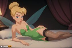 1girls ai_generated artist_name bare_shoulders bed blonde_hair blue_eyes breasts brown_thighhighs cleavage collarbone curtains disney dress fairy fairy_wings green_dress hair_bun hi_res indoors lamp lipstick looking_at_viewer lying makeup medium_breasts no_panties on_bed on_side parted_lips peter_pan_(disney) pillow ponytail red_lips rule34lab short_hair single_hair_bun solo strapless strapless_dress thighhighs tinker_bell wings