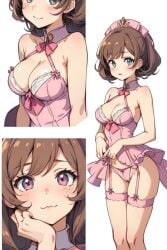 anime_style brown_hair cute pink_lingerie pose shy shy_gal