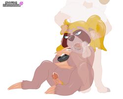 anthro blonde_hair blue_eyes bovid caprine controller cum duo fur furry game_controller hair hi_res male mammal oral pilosan ponytail sheep sloth wastedtimeee xenarthran yaoi