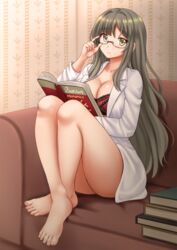 1girls bare_legs barefoot big_breasts book books bottomless breasts cleavage couch feet female female_only futaba_rio glasses kazenokaze labcoat large_breasts long_hair no_panties reading scientist seishun_buta_yarou_wa_bunny_girl_senpai_no_yume_wo_minai sitting solo toes