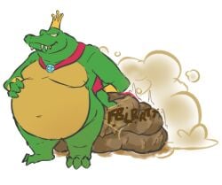 anthro belly big_belly cape clothing crown donkey_kong_(series) fart fart_cloud feces feces_on_ground feces_pile gem hand_on_belly hand_on_hip headgear k_rool kremling looking_at_feces male navel nintendo nude nude_male red_cape red_clothing scalie scat simple_background smelly smile smug solo solo_male sorry_i_spilled_my_salt_shaker sound_effects standing stink_fumes white_background