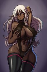 1girls abs armpits ass clothed dark-skinned_female dark_skin elf ezzyecchi female female_only glasses huge_breasts large_ass muscular muscular_female pussy red_eyes see-through solo thick_thighs thigh_gap thighhighs white_hair wide_hips