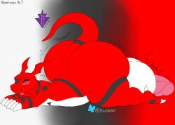 ass balls bandai_namco big_balls big_butt big_penis blush digimon digimon_(species) genitals gradient_background guilmon hi_res huge_balls huge_butt huge_cock hyper hyper_balls hyper_butt hyper_genitalia hyper_penis lying male on_front onomatopoeia penis simple_background solo sound_effects text thick_thighs truly_fates_(artist) wide_hips