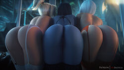 3d 3girls ashe_(overwatch) ass autodesk_maya bent_over female female_only garter_belt mercy overwatch presenting presenting_hindquarters pussy thighhighs vgerotica widowmaker