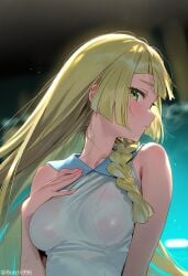 bangs bare_arms bare_shoulders blonde_hair blunt_bangs blush botchi996 braid breasts clothing dress female female_only green_eyes hand_on_own_chest lillie_(pokemon) long_hair looking_at_viewer medium_breasts parted_lips pokemon pokemon_(game) pokemon_character pokemon_sm see-through shirt sleeveless sleeveless_dress solo sweat tied_hair twitter_username upper_body wet wet_clothes white_dress