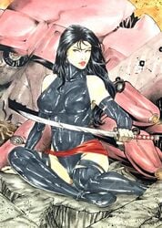 1girls 2016 betsy_braddock big_breasts black_hair blue_clothes blue_clothing blue_eyes blue_leotard blue_sleeves blue_stockings breasts busty curvaceous curvy dated ed_benes_studio elizabeth_braddock female female_only holding_sword holding_weapon homo_superior human katana kwannon lanio_sena leotard long_hair marvel marvel_comics mecha mutant pinup psylocke red_lips red_lipstick robot ruins sentinel signature sleeves solo stockings straight_hair superheroine sword telepath thighs voluptuous x-men