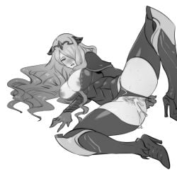 after_sex after_vaginal anus armor armored_boots blush boots breasts camilla_(fire_emblem) clothing clothing_aside female female female_pubic_hair fire_emblem fire_emblem_if footwear gloves greyscale hair_over_one_eye high_heel_boots high_heels inverted_nipples kukumomo large_breasts legwear long_hair lying monochrome nipples on_side panties_aside pantsu parted_lips pubic_hair shoes simple_background solo spread_legs sweat thigh_boots thighhighs thighs tiara uncensored underwear vagina white_background