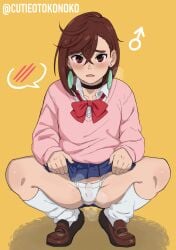 1boy ayase_momo blue_skirt brown_footwear bulge cardigan choker crossdressing cutiemachina dandadan earrings genderswap_(ftm) gyaru hair_between_eyes highres jewelry loose_socks medium_hair panties pink_cardigan red_ribbon ribbon rule_63 skirt socks squatting trap underwear white_panties