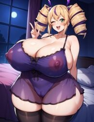 ai_generated bedroom black_thighhighs cameltoe digimon digimon_liberator gigantic_breasts indoors mommy moon nail_polish nightgown nipple_bulge one_eye_closed painted_nails see-through smile stable_diffusion thick_thighs thighhighs venus_body violet_inboots w wide_hips